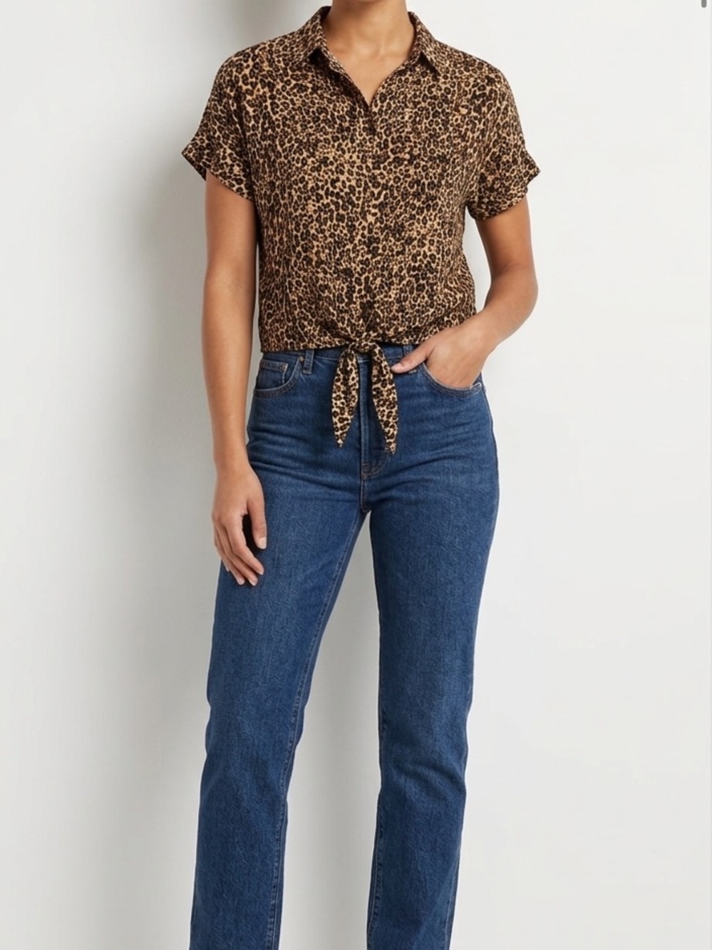 beachlunchlounge Leopard Short Sleeve Front Tie Button Down Shirt Shirt S